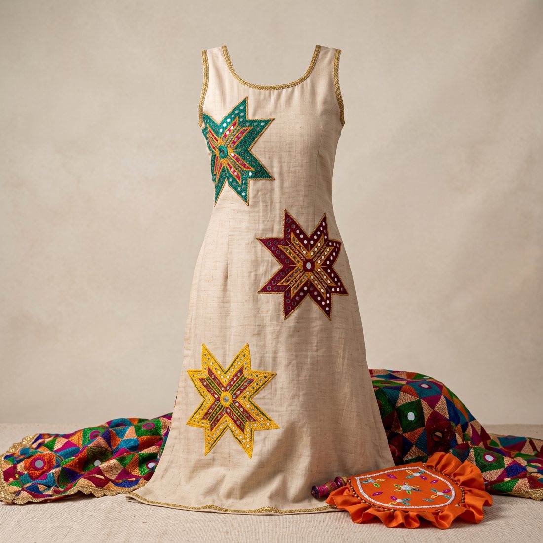Chand Dress — hand-appliquéd khadi cotton dress with star motifs