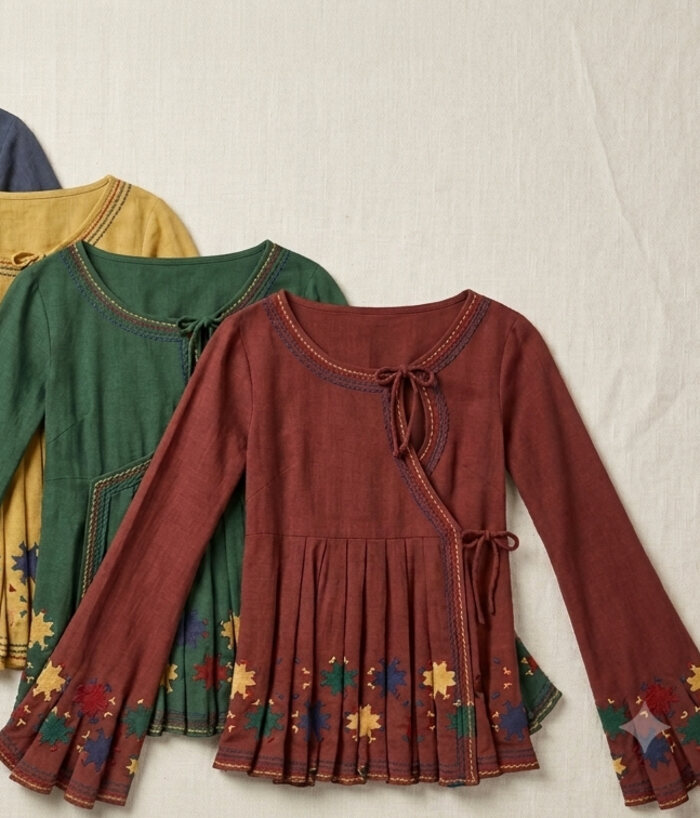 Deokee Kurti in rust and green embroidered cotton